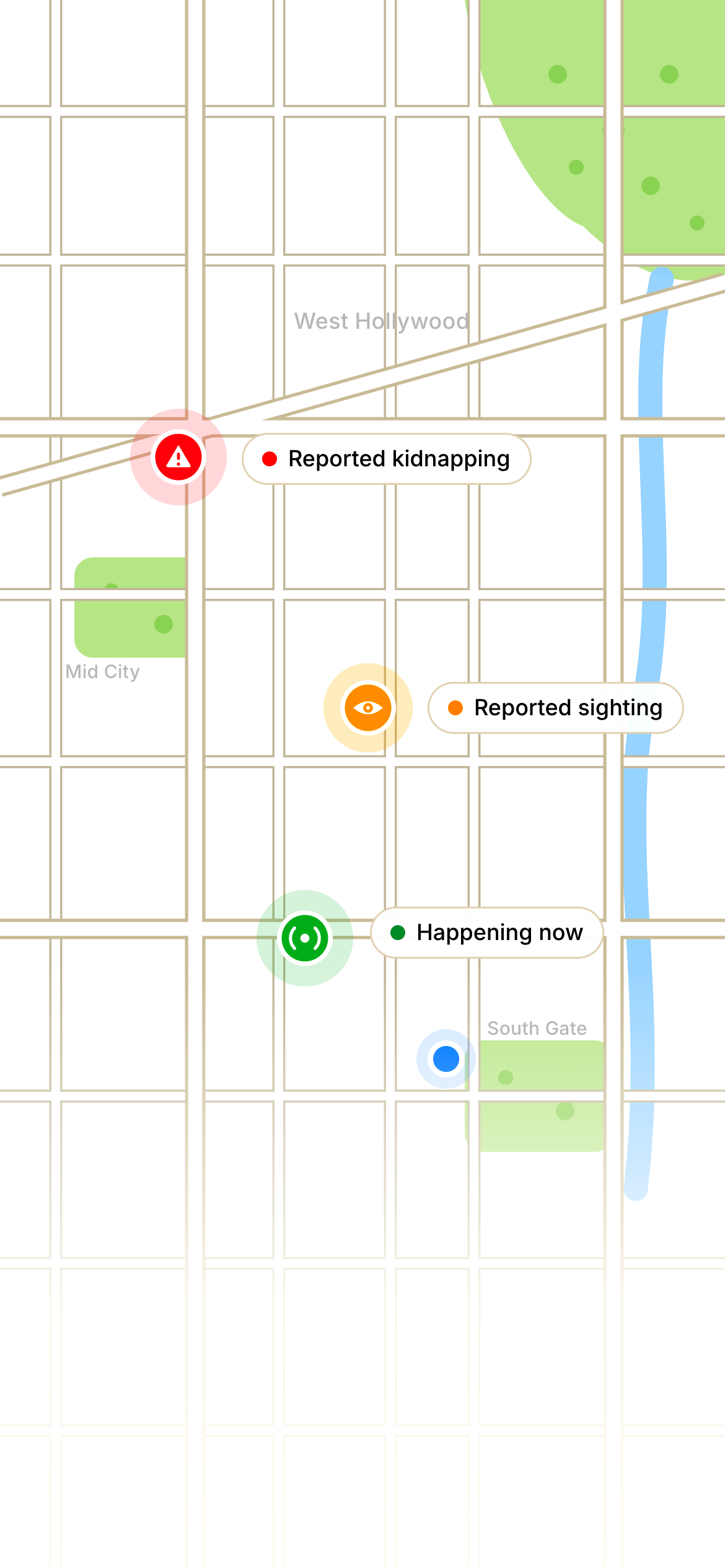Watcho map showing a reported kidnapping, a reported sighting, and a live incident as color-coded pins near West Hollywood
